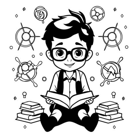 Vector illustration of a boy with glasses reading a book. Cartoo