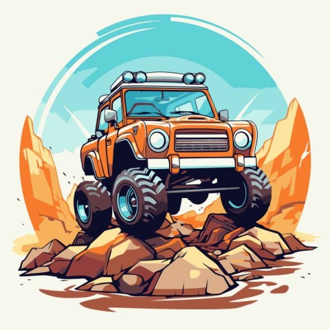 Off-road vehicle in the mountains. Vector illustration. Cartoon