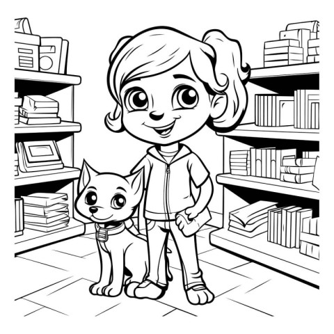 Black and White Cartoon Illustration of Cute Little Girl Holding