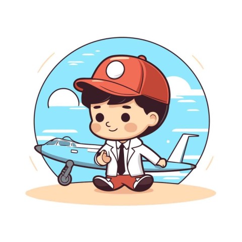 Cute boy pilot with airplane in the sky. Vector illustration.