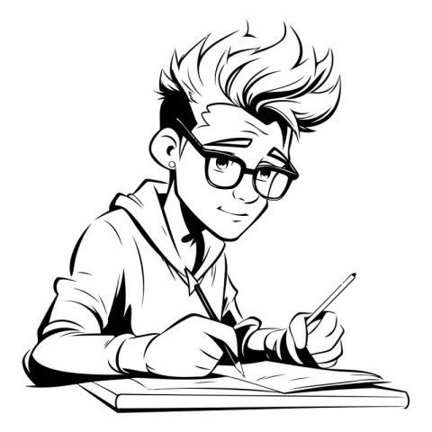 Vector illustration of a young man in glasses writing in a noteb