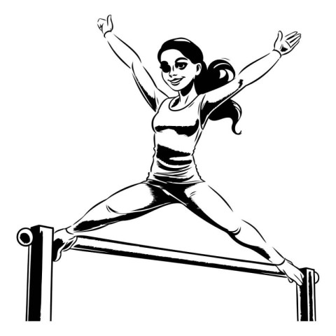 Athletic woman jumping on a bar. Black and white vector illustra