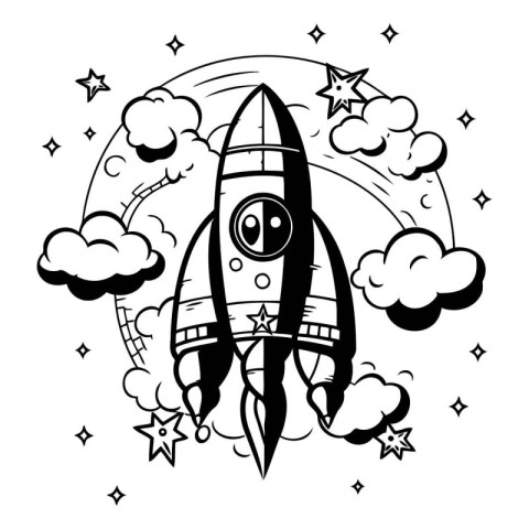 Space rocket with stars and clouds. Black and white vector illus