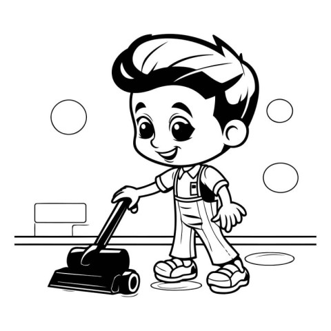 Boy cleaning the house with a vacuum cleaner. Black and white ve