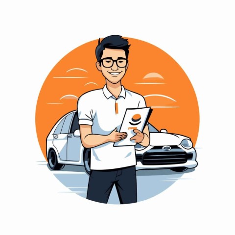 Young man with clipboard standing near his car. Vector illustrat