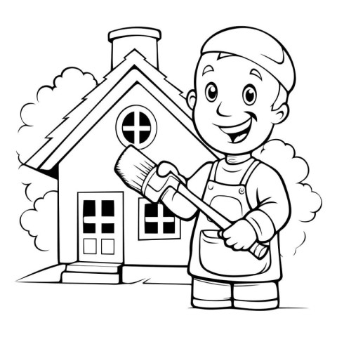 Black and White Cartoon Illustration of Kid Boy with Paintbrush