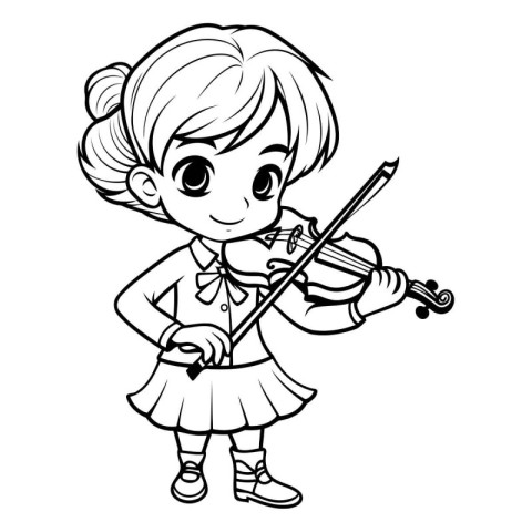 Cute Little Girl Playing Violin - Black and White Cartoon Illust