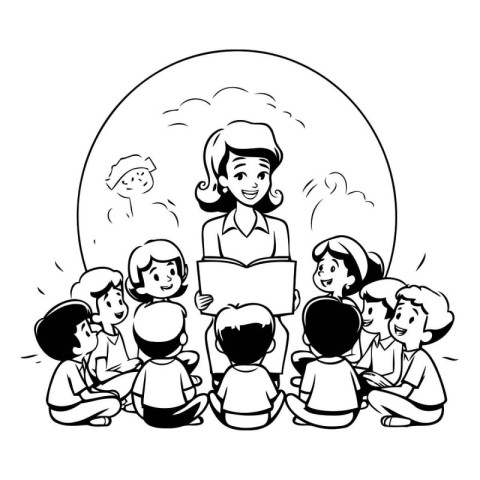 Teacher with children in the classroom. Black and white vector i