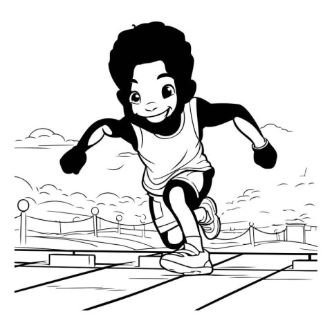 Outline illustration of a boy running on the bridge. Black and w