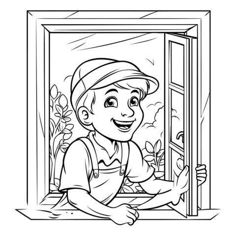 Cute cartoon boy in the window. Black and white illustration.