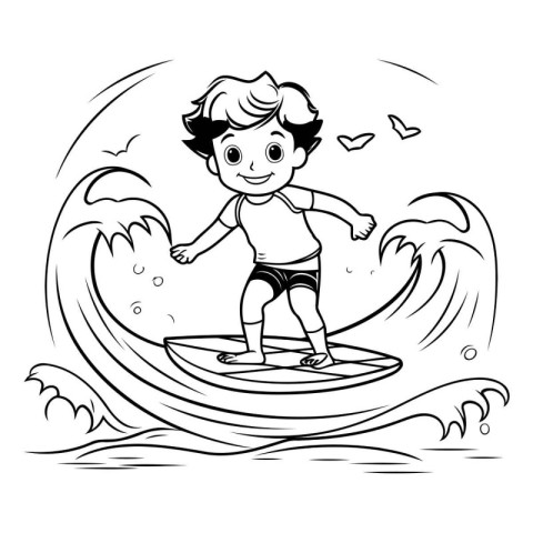 Boy surfing on a wave. Black and white vector illustration for c