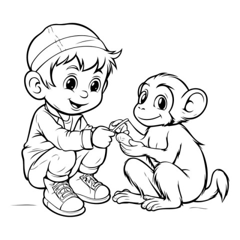 Black and White Cartoon Illustration of Little Boy Playing with