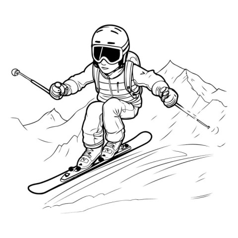 Skiing. Skier skiing downhill. Black and white vector illustrati