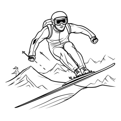 Snowboarder jumping in mountains. black and white vector illustr