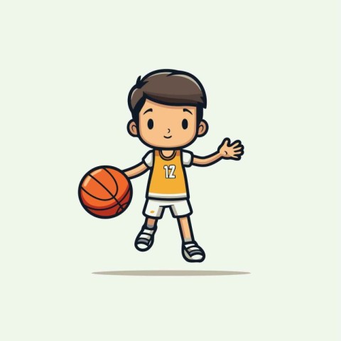 Cute boy playing basketball. Cartoon vector illustration. Flat d