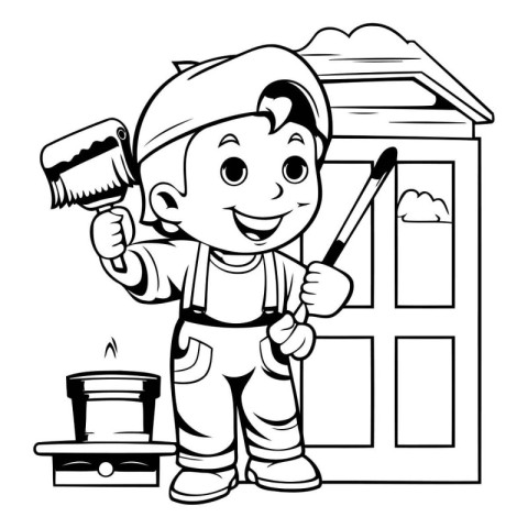 Cartoon Illustration of Kid Boy Painting House for Coloring Book