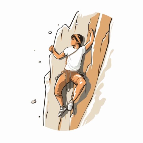 Young woman climbing on a cliff. Vector illustration of a girl c