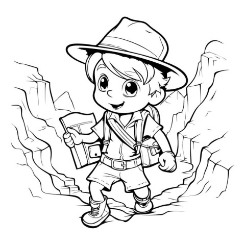 Outline illustration of a boy scout with a backpack and binocula