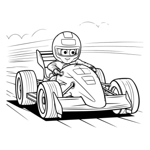 Black and White Cartoon Illustration of Happy Kid Driving a Race