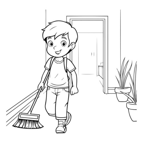 Cartoon illustration of a boy cleaning the house. Coloring book