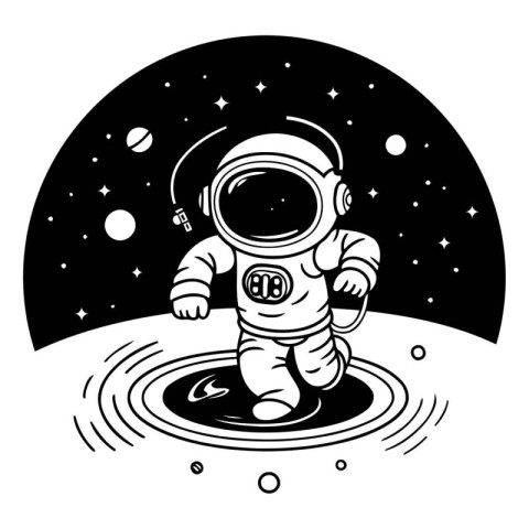 Astronaut in outer space. Black and white vector illustration.