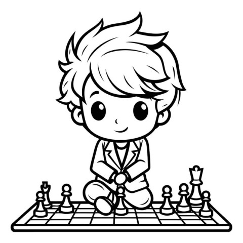 Black and White Cartoon Illustration of Little Boy Playing Chess