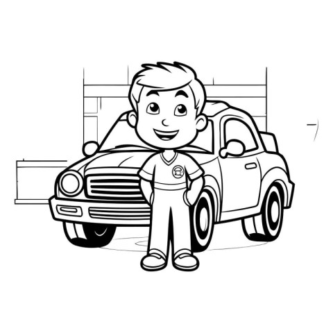 Vector illustration of a man standing next to a car. Cartoon sty