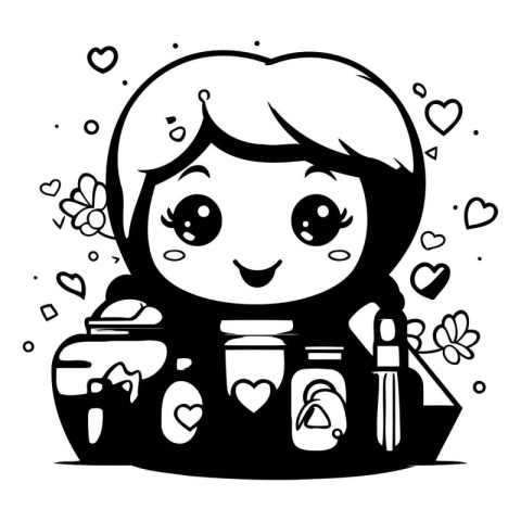 Black and white illustration of a cute little girl with cosmetic