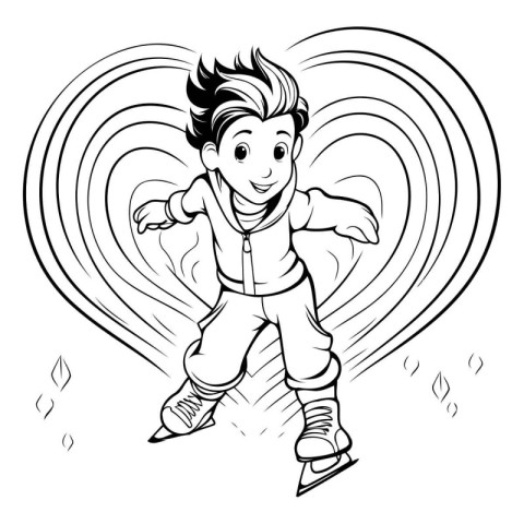 Boy skating in the shape of a heart. Black and white illustratio