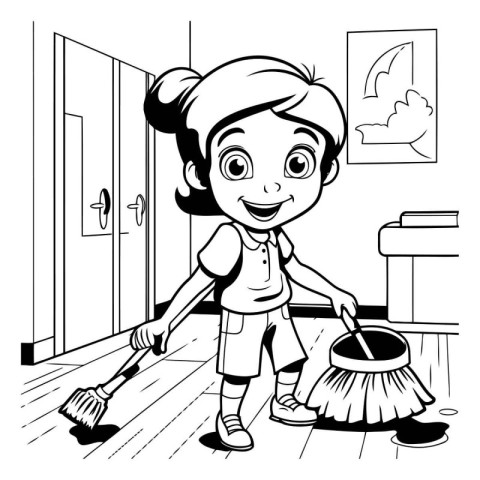 Cute girl cleaning the house. black and white vector illustratio