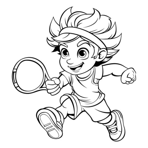 Black and White Cartoon Illustration of Little Boy Playing Tenni