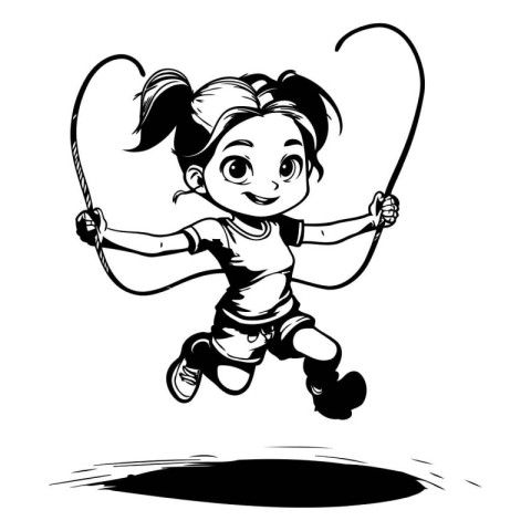 Little girl jumping with skipping rope. black and white vector i