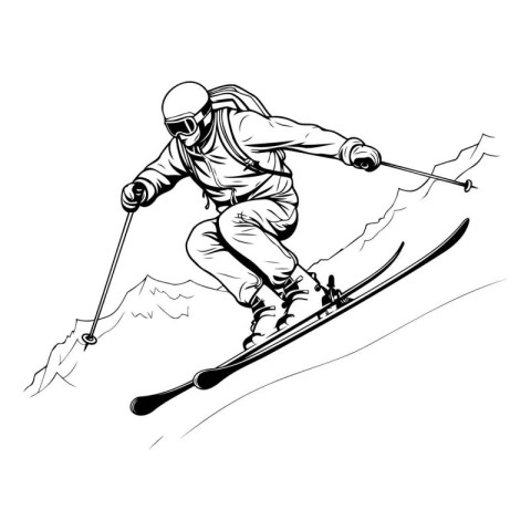 Skiing. Skier skiing downhill. Monochrome vector illustration