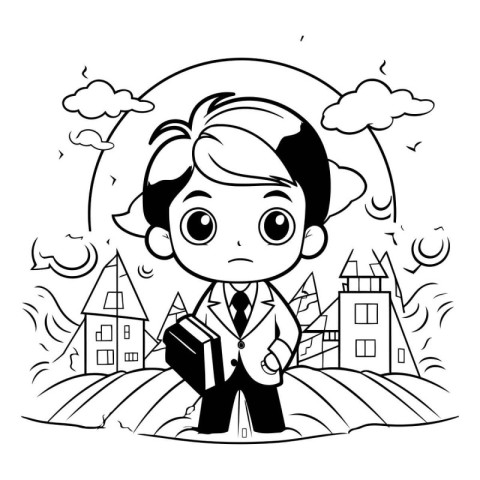 Boy reading a book in the village. Black and white vector illust