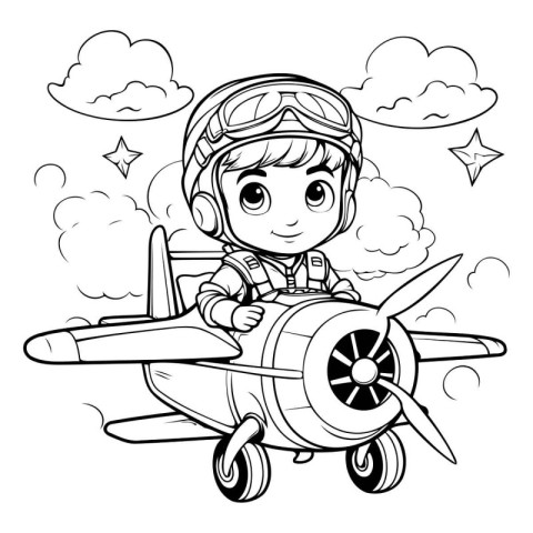 Coloring Page Outline Of Cartoon Little Boy pilot with airplane.