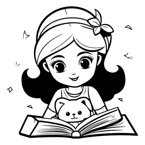 Black and White Cartoon Illustration of Cute Little Girl Reading