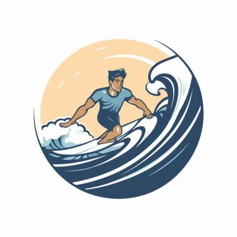 Vector illustration of a surfer riding a wave viewed from the si