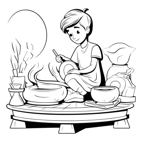 Potter at work. Black and white vector illustration for coloring