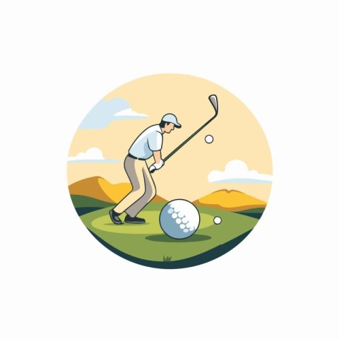 Golf player hitting ball on golf course. Vector illustration in