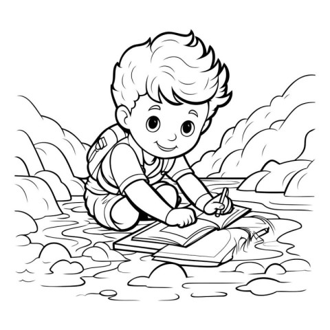 Black and White Cartoon Illustration of Kid Boy Reading a Book i