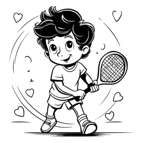 Cute Boy Playing Tennis - Black and White Cartoon Illustration.