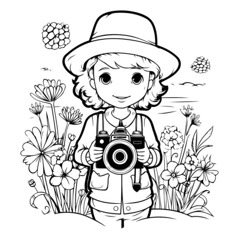 Boy with camera in the field. Vector illustration for coloring b