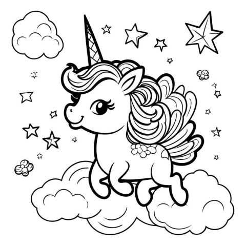 Black and White Cartoon Illustration of Cute Unicorn on Cloud wi