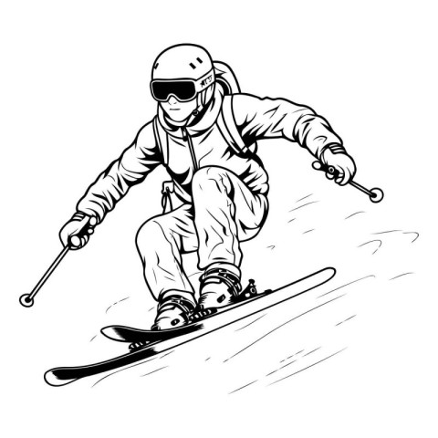 snowboarder jumping on skis. black and white vector illustration