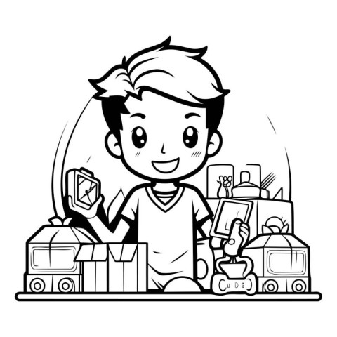 Boy with boxes and toys. Black and white vector illustration for