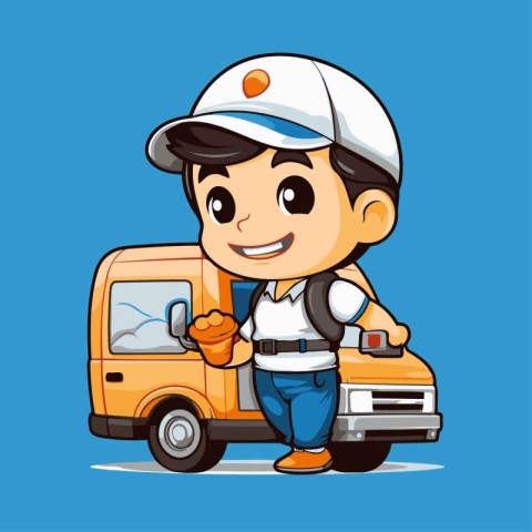 Cartoon delivery man with truck. Vector illustration of cartoon