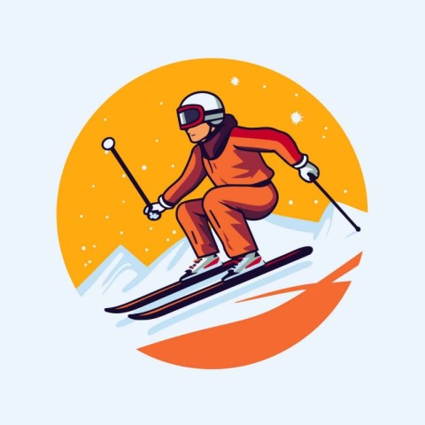 Skier skiing in the mountains. Vector illustration in cartoon st