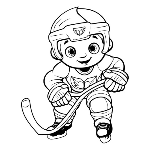 Coloring page of a boy ice hockey player. Vector illustration.