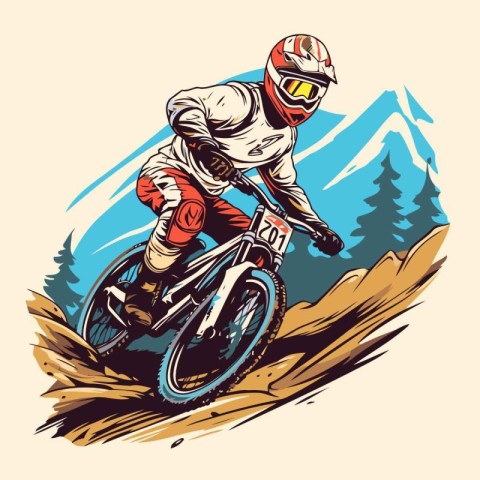 Mountain bike rider on the road. Vector illustration in retro st