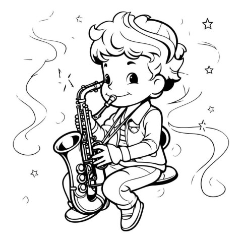 Illustration of a Cute Little Boy Playing the Saxophone - Colori